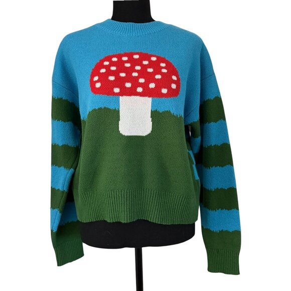 ZARA Mushroom Toadstool Blue Green Striped Check Quirky Indie Sweater Medium - Picture 4 of 15